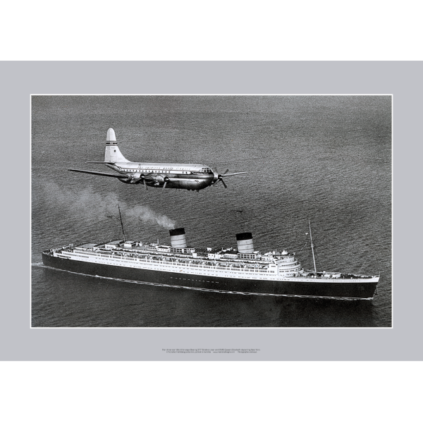 Pan Am Boeing Stratocruiser with RMS Queen Elizabeth at sea Art Print