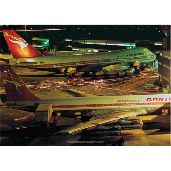 Qantas 747 and 707 Sydney Airport Night Scene Art Print